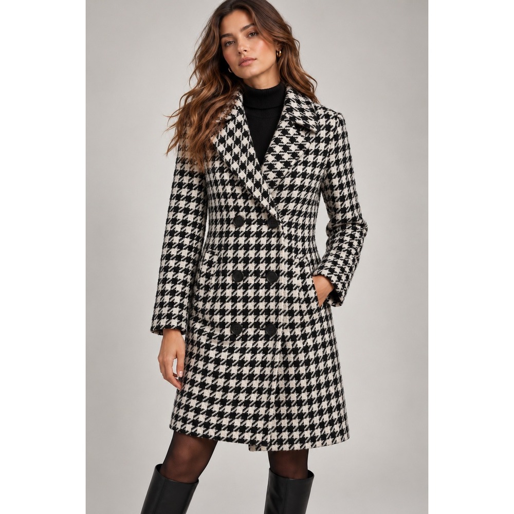 Esprit Pea Coat Women Medium Black White Vintage Houndstooth Tweed Winter Preppy